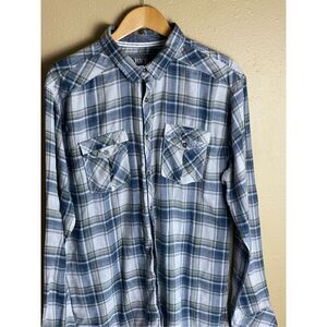 BKE Buckle Plaid Longsleeve Collar Shirt Blue White Plaid Metal Buttons Mens XL